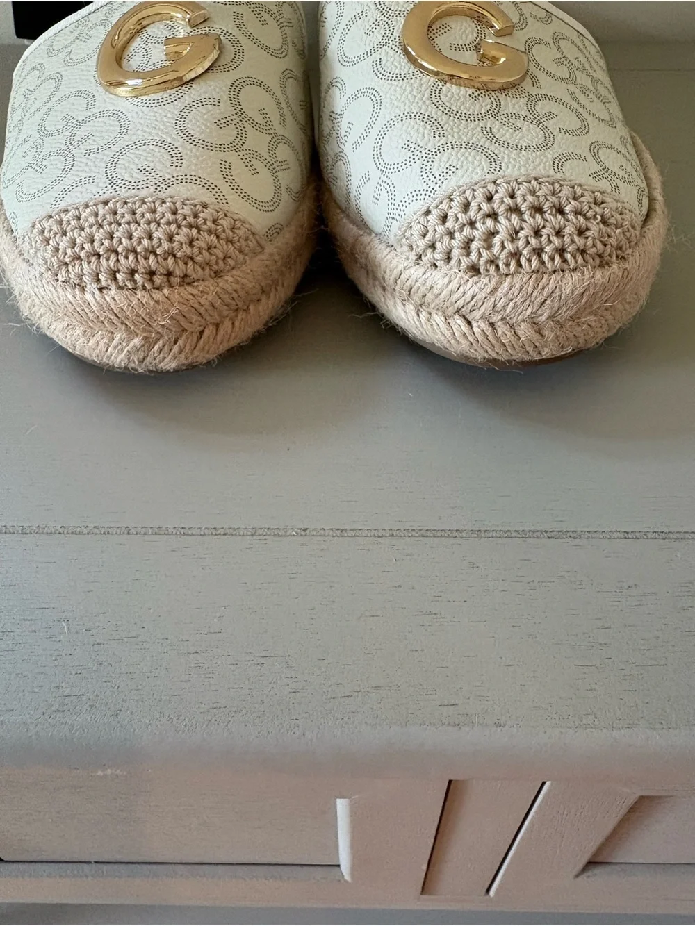 GBG Los Angeles Cream Espadrille Wedge Sandals with Gold G Emblem